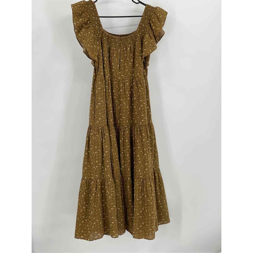 New Madewell Midi Dress Women Small Ruffle Prairie Cottagecore Brown Floral Boho - Picture 3 of 11